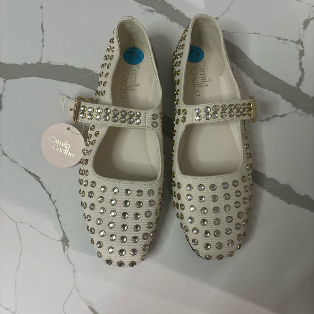 Camila Coelho White Studded Mary Jane Shoes